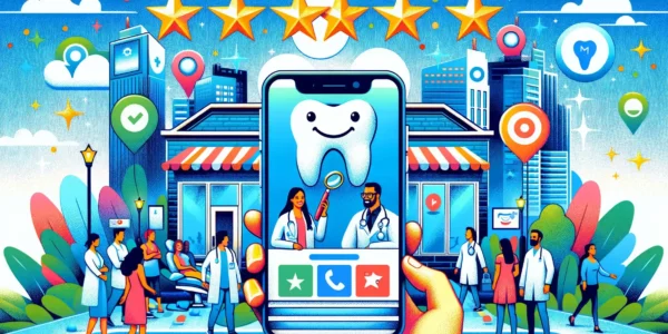 Image depicting a dentist's office highlighted on Google Maps and search results, symbolizing enhanced online presence through Google Business Profile optimization.