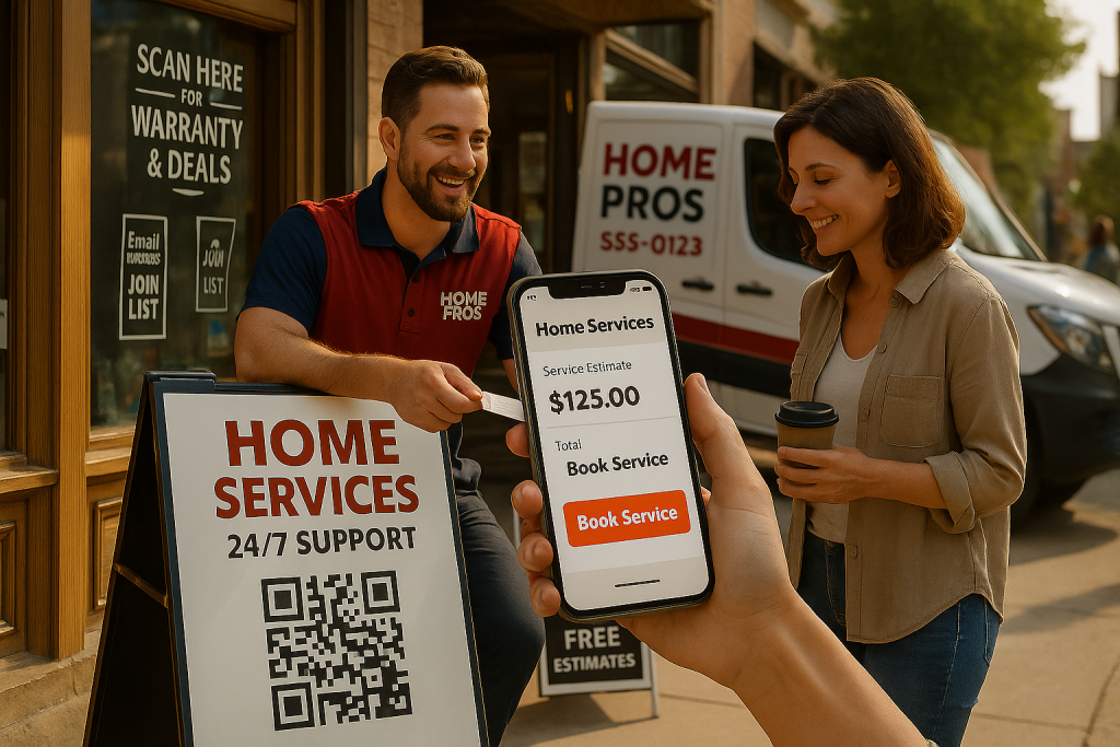A plumber in uniform holds a smartphone showing an online ad and a printed flyer, illustrating a hybrid of digital and traditional marketing for home services.