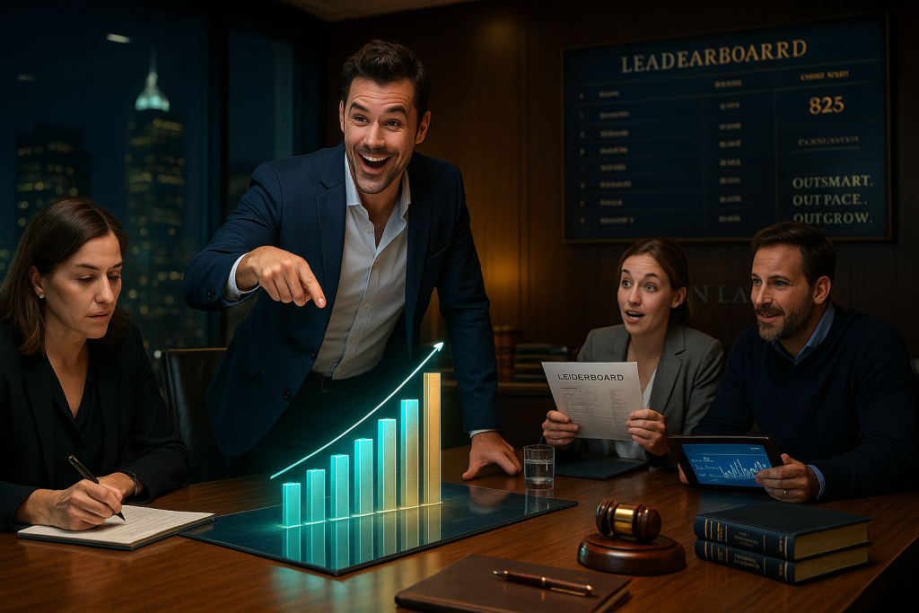 A confident law firm sales team celebrates a new client acquisition, with dynamic charts, leaderboards, and smiling attorneys in a modern office—symbolizing elite law firm growth strategies.