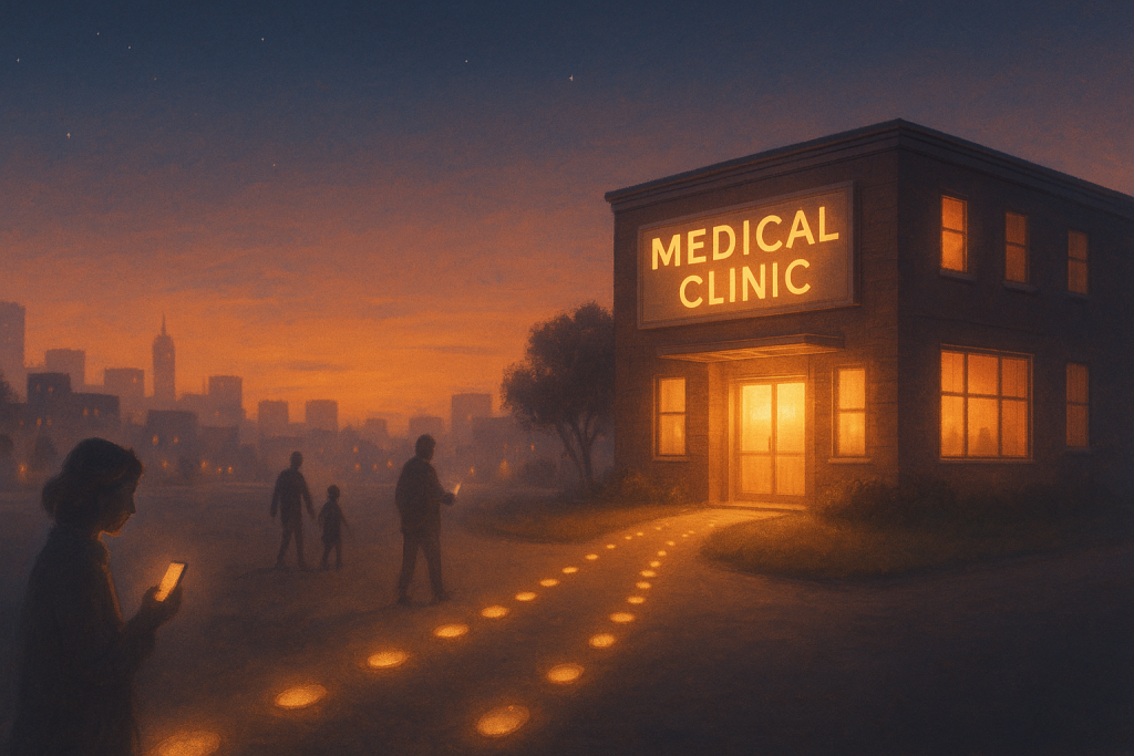 Dawn-lit medical clinic with a glowing path of light and silhouettes of patients holding smartphones, symbolizing SEO for doctors guiding them inside.