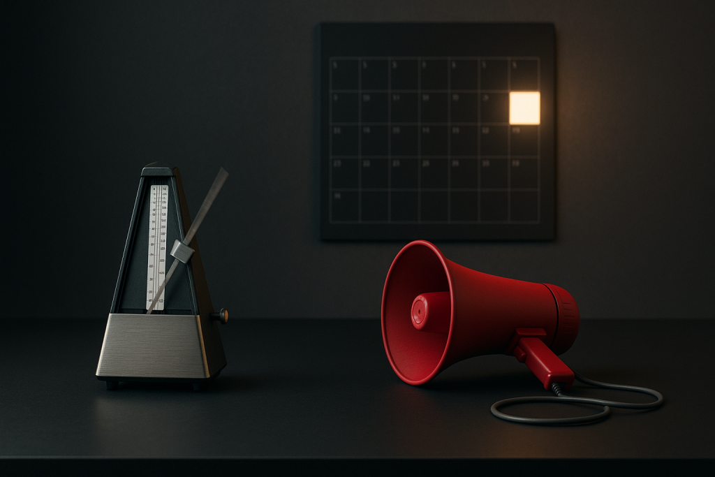 Quiet workspace showing a minimalist writing screen with three blocks for idea, proof, and ask, plus a soft-glowing Friday planner square that signals weekly personal branding for introverts.