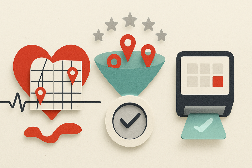 Local SEO for cardiologists: doctor optimizing Google Business Profile with reviews and online booking visible, representing higher patient inquiries and appointments.
