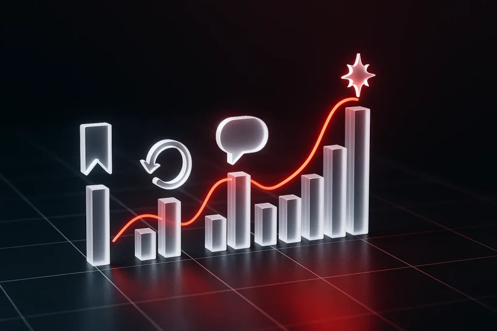 Wide hero showing translucent icons for saves, rewatches, comments, and a red growth line on a dark grid, highlighting social media metrics.