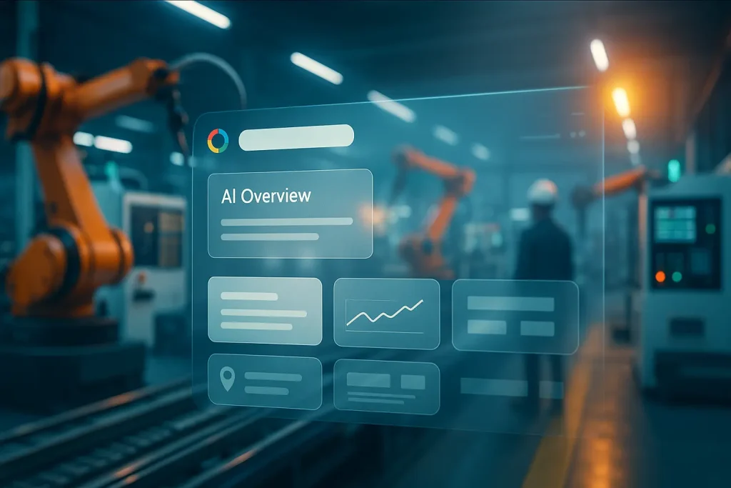 AI Overviews in manufacturing, two-track SEO playbook with tools, local map, and citation signals