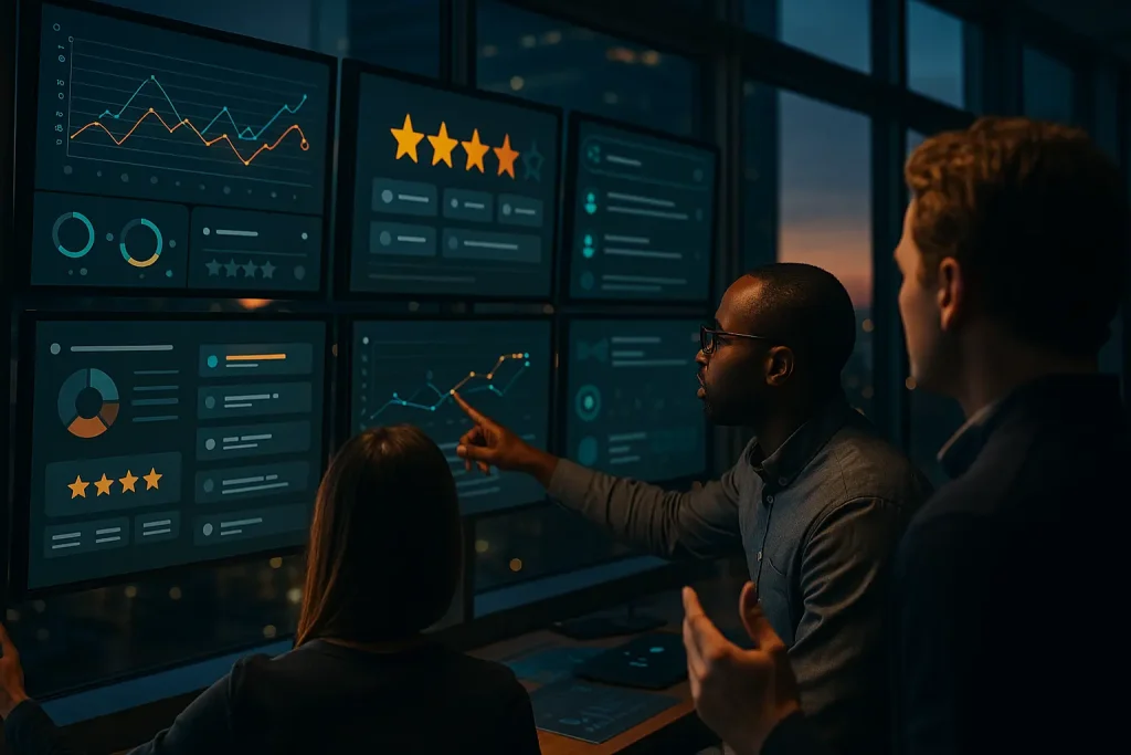 AI brand reputation dashboard showing aligned web pages, authentic reviews, and forum threads converging into a clear, trusted brand signal