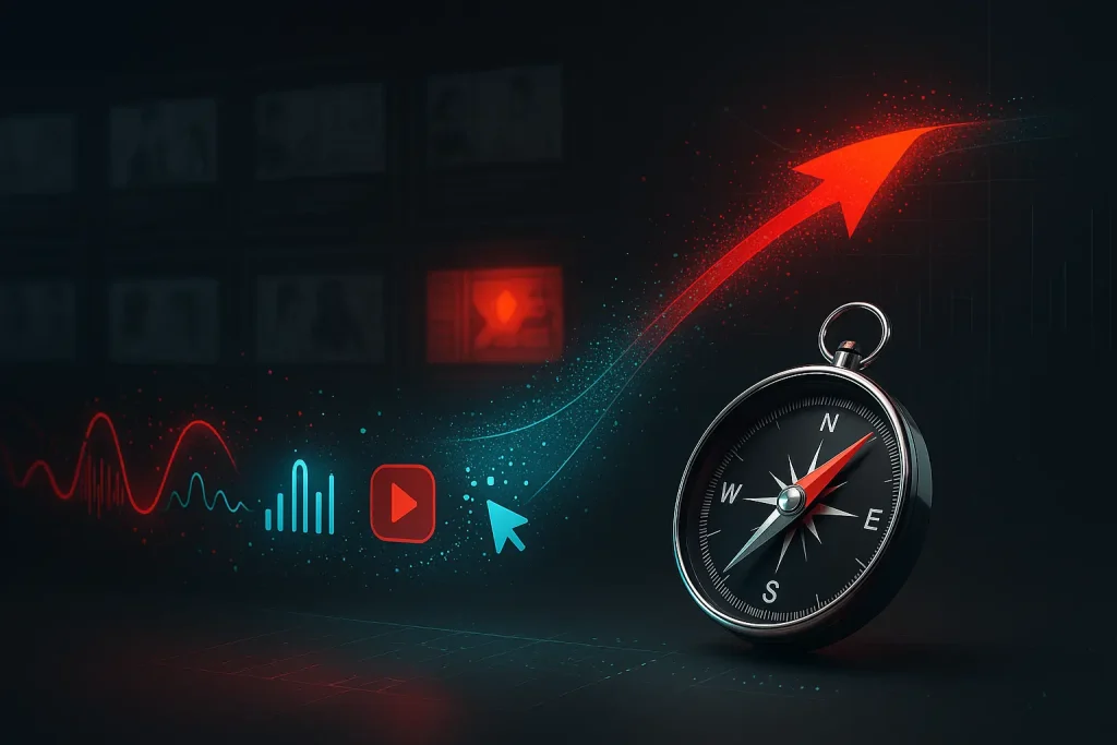 Compass guiding a neon data ribbon into rising charts, symbolizing data-driven creative marketing that blends bold ideas with clear metrics