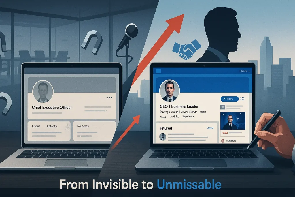 Executive reviewing LinkedIn profile with side-by-side before and after: outdated profile vs optimized headline, rich About, Featured media, and active posts