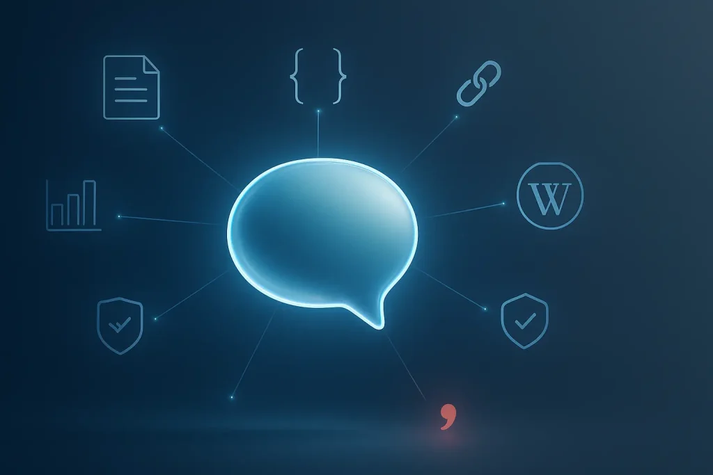 Glowing chat bubble with data icons showing sources and citations in AI search, representing Generative Engine Optimization.