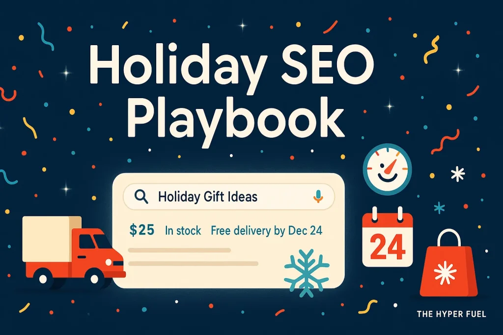 Holiday SEO 2025 banner with product-rich results, clear shipping and returns, The Hyper Fuel