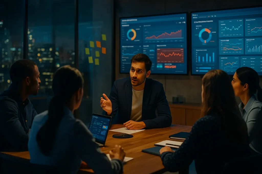 Team leading a marketing pivot in a glass-walled boardroom at night, dashboards visible, aligning a fast, human response.
