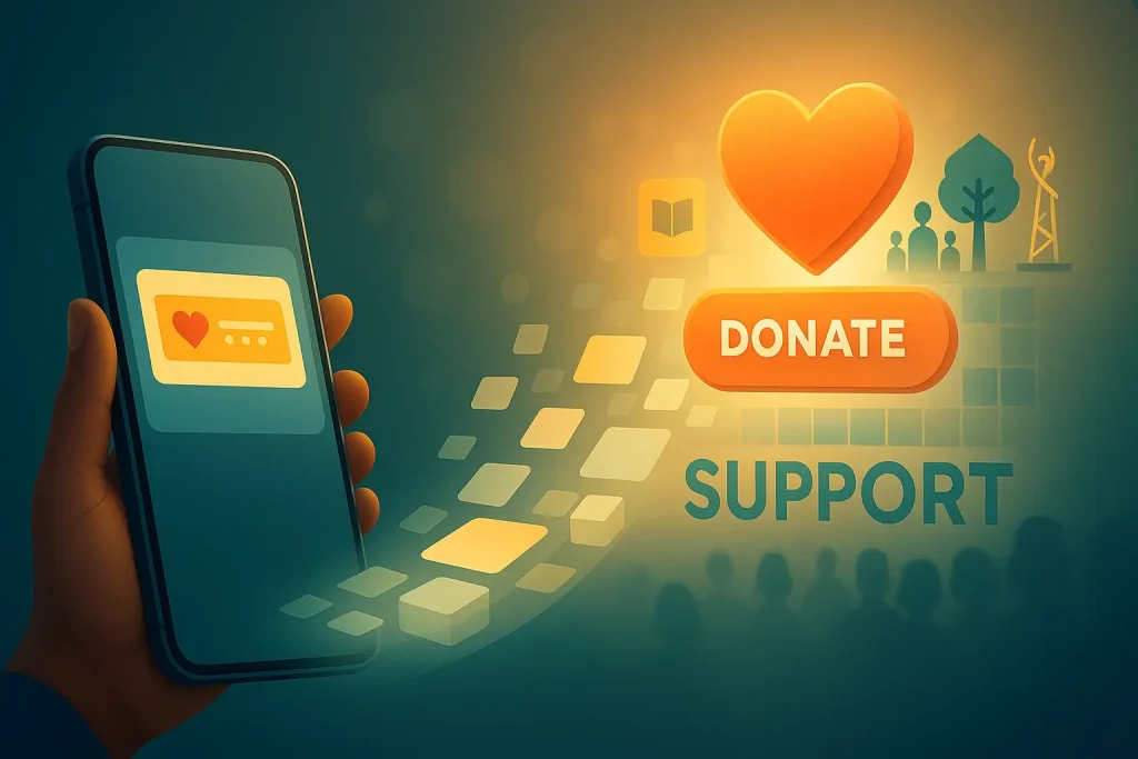 Supporter on phone notices nonprofit digital advertising banner that gently nudges a later donation, clean modern UI, warm human tone.