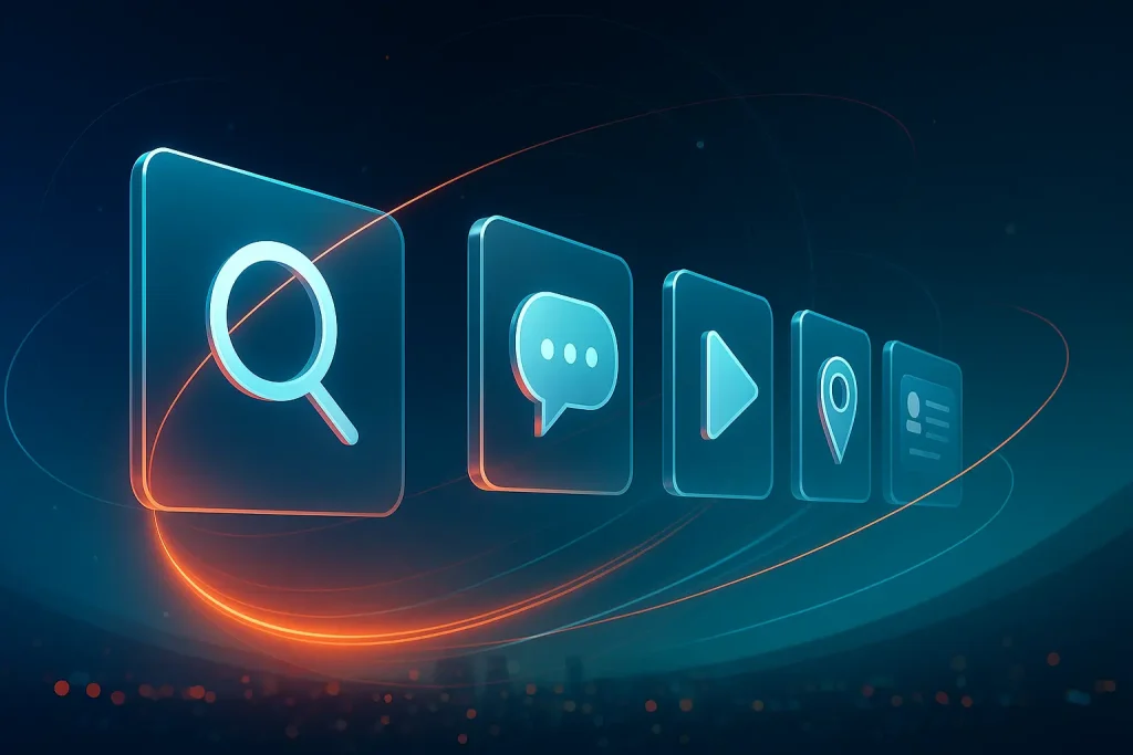 Prism dispersing neon light into search, chat, play, map, and star icons, capturing multi-surface SEO trends 2026 and the SEO strategy.