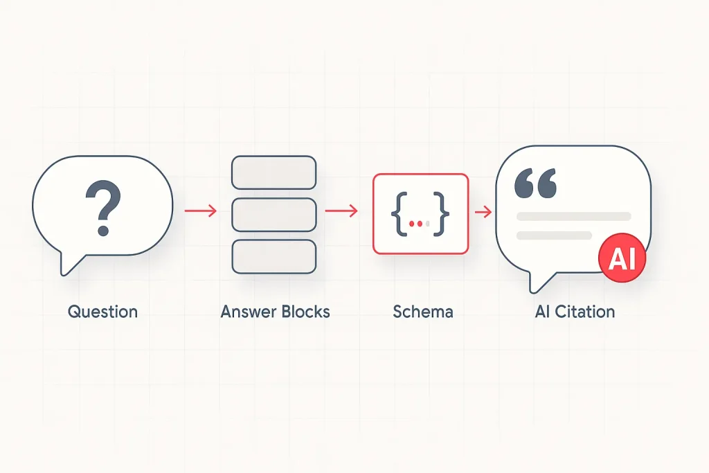 Answer engine optimization diagram with answer blocks, schema markup, and AI search citations