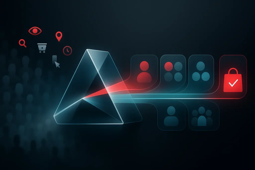 Behavioral segmentation visual with user intent signals flowing into dynamic audience groups and a clear path to conversion