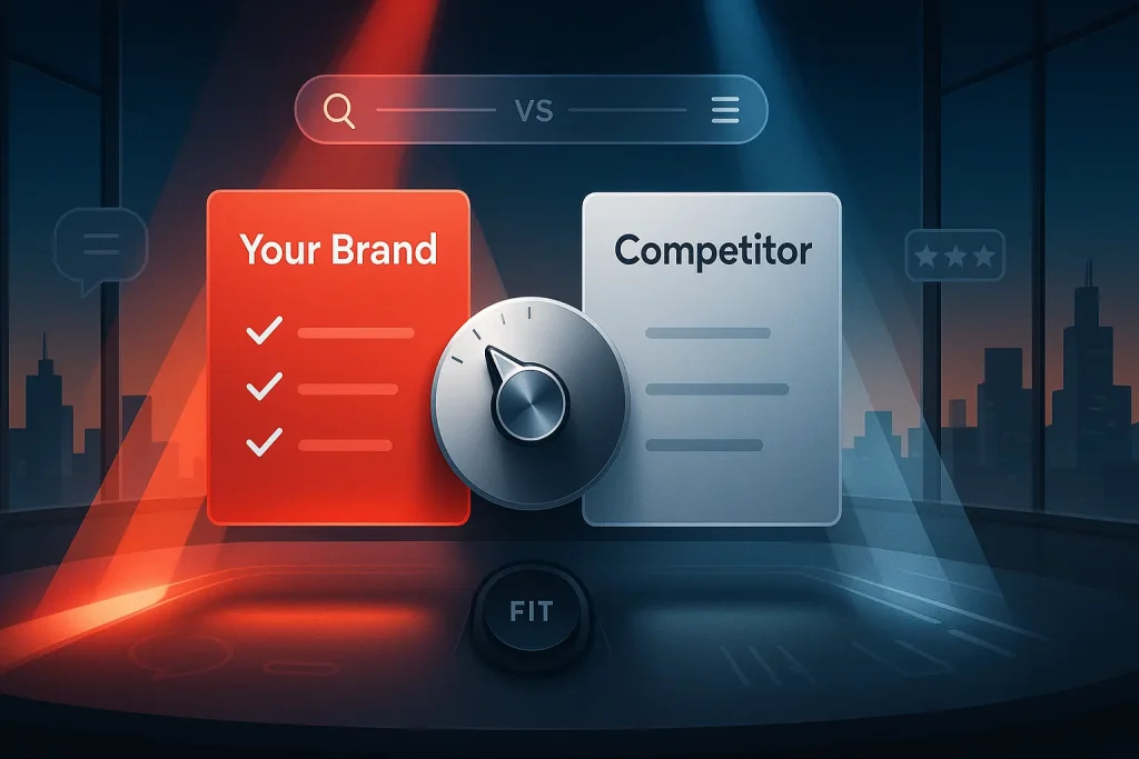 Competitor comparison table showing your brand vs alternatives, clear features and pricing, honest comparison content for B2B buyers