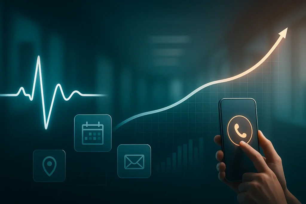 Healthcare marketing benchmarks 2026, rising ECG line forming a growth arrow with call, calendar, and location icons in a modern clinical setting.