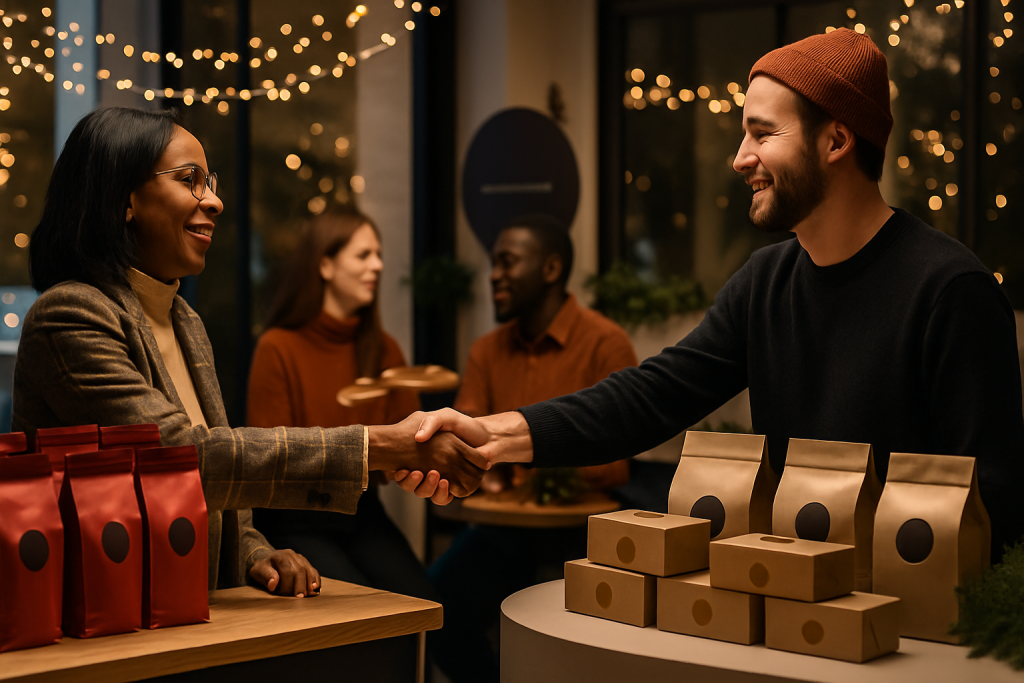 Holiday brand partnerships pop up, coffee roaster and bakery hosting an early VIP preview with co branded signage and happy shoppers