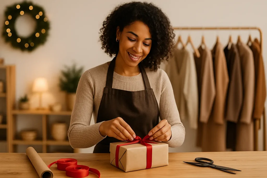 Small shop owner wrapping a gift with a handwritten note, showing small business holiday marketing in action