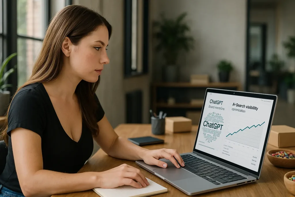 Business owner analyzing ChatGPT brand mentions and AI search visibility optimization strategies on laptop screen