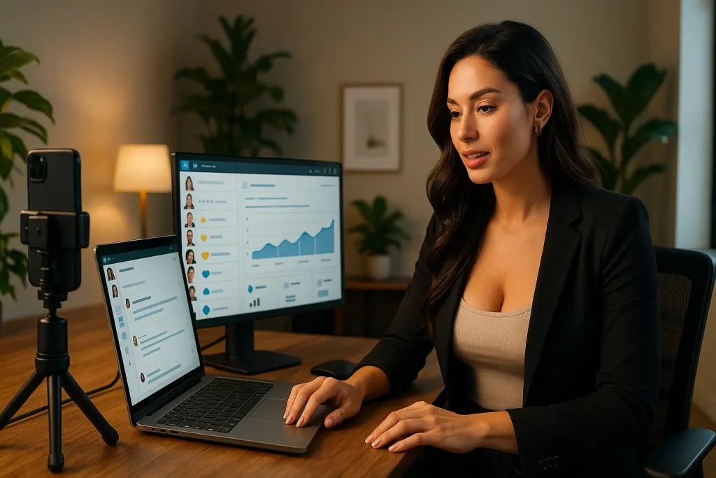 B2B startup founder creating engaging LinkedIn content on laptop with analytics showing growth metrics and engagement data