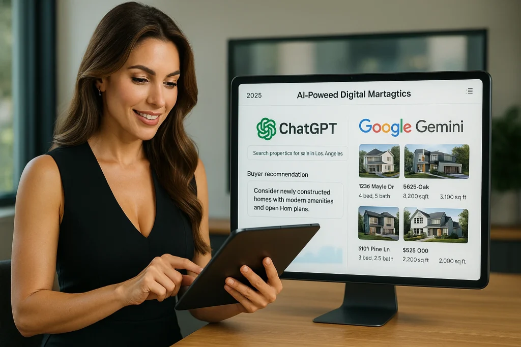 "Real estate agent using AI-powered real estate digital marketing strategies on tablet showing ChatGPT and Google Gemini search results for property listings and buyer recommendations in 2025