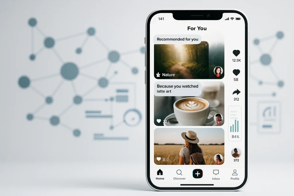 TikTok For You Page interface showing algorithm recommendation system and content discovery features