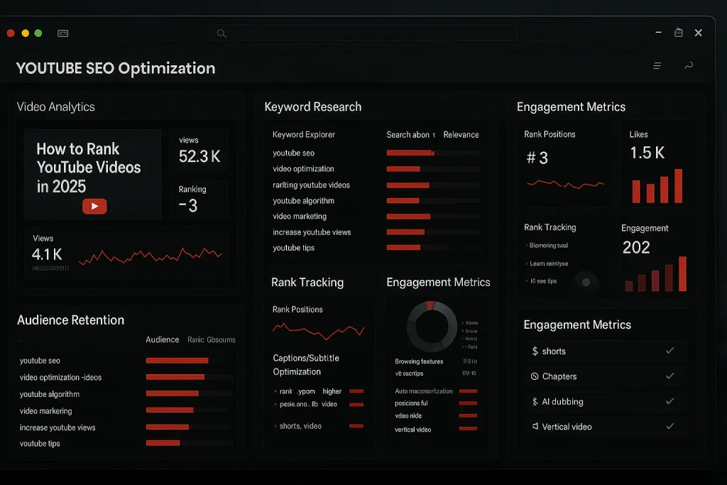 YouTube SEO optimization dashboard showing video analytics, keyword research tools, and engagement metrics for ranking videos in 2026