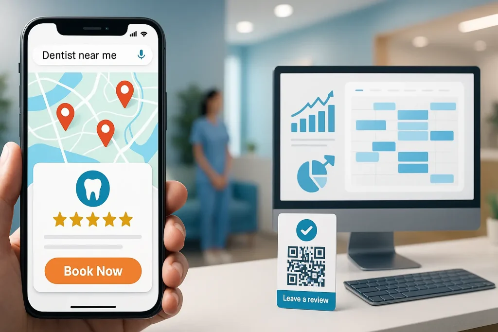 Modern dental front desk with a patient booking on a phone showing “dentist near me” and a highlighted Google Business Profile panel, representing dental digital marketing success.