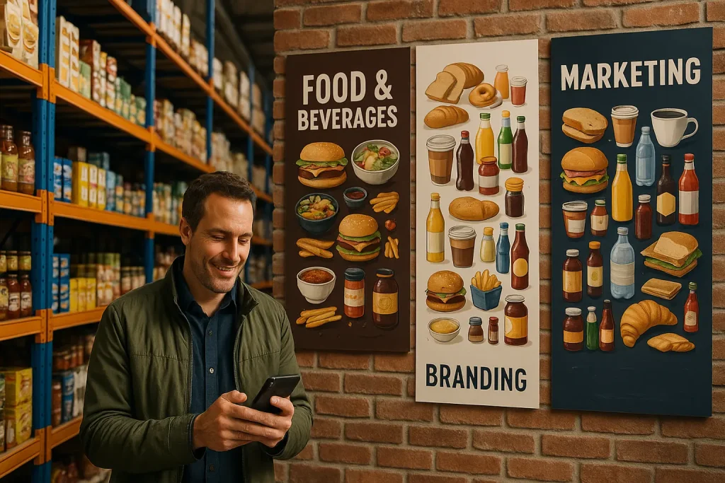 Triangulated marketing dashboard overlaying grocery shelves, showing platform signals, retail velocity, and brand lift converging to guide food and beverage marketing decisions