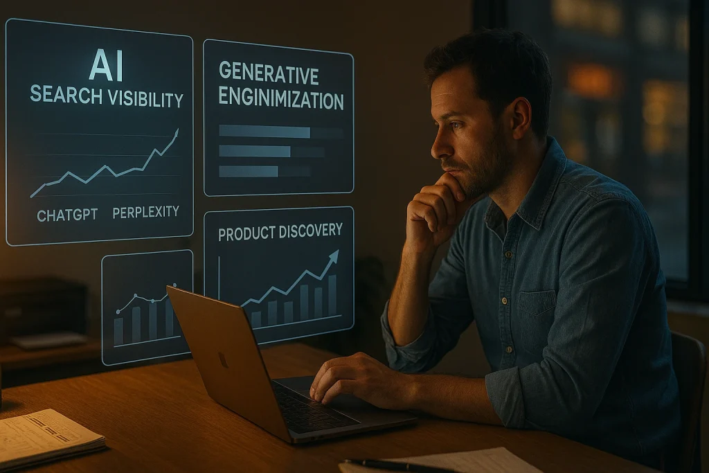 AI search visibility dashboard showing ChatGPT Perplexity and generative engine optimization metrics for product discovery