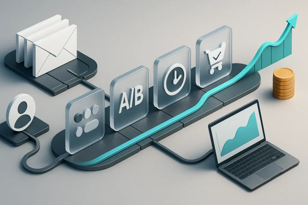 Business owner reviewing email marketing analytics dashboard showing increased ROI and revenue growth from outsourced email campaigns